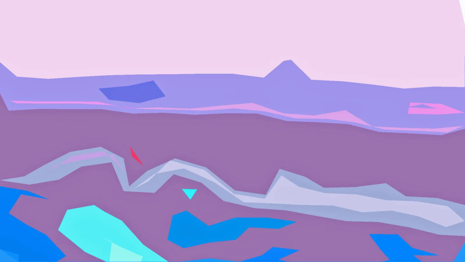 Flache, abstrakte Landschaft in Pastelltönen: rosa Himmel, lila Hügelketten, graue Wellenform und leuchtend blaue sowie türkise Flächen im Vordergrund, dazu ein kleines rotes Dreieck.
