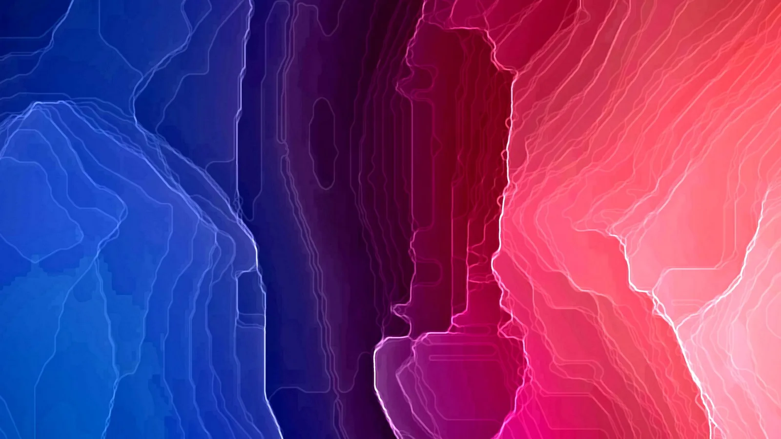 Abstrakte digitale Komposition mit fließenden, konturierten Formen: links blau, in der Mitte dunkles Violett, rechts Rot bis Rosa, dünne helle Linien folgen den Umrissen.