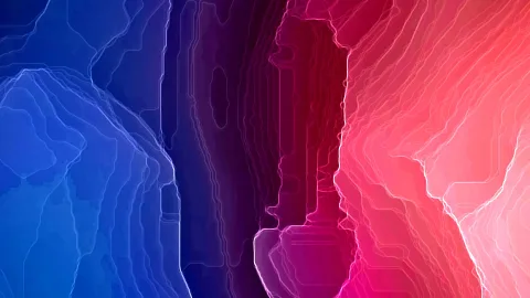 Abstrakte digitale Komposition mit fließenden, konturierten Formen: links blau, in der Mitte dunkles Violett, rechts Rot bis Rosa, dünne helle Linien folgen den Umrissen.