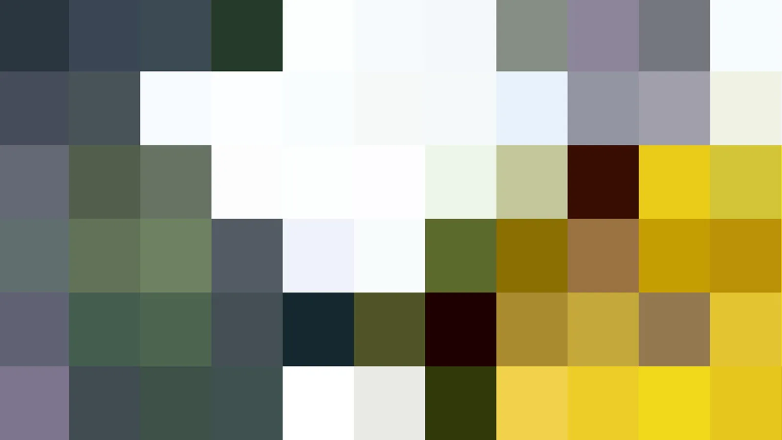 Mosaik aus quadratischen Farbfeldern in Weiß, Grau, Olivgrün, Ocker und Gelb, dunkle Felder im unteren Bereich.