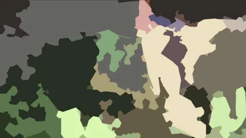 Abstraktes Bild aus unregelmäßigen, flächigen Farbfeldern in Grau, Dunkelgrün, Beige, Rosa und Hellgrün, die sich mosaikartig aneinanderreihen.