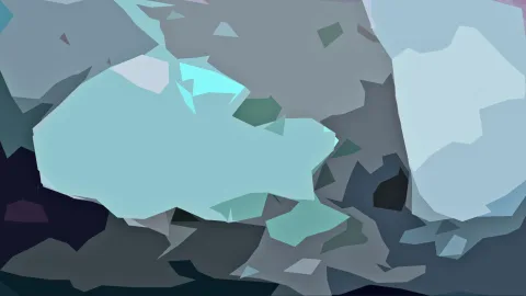 Abstrakte Komposition aus unregelmäßigen, flachen Polygonen in Türkis, Hellblau, Grau und Dunkelblau.