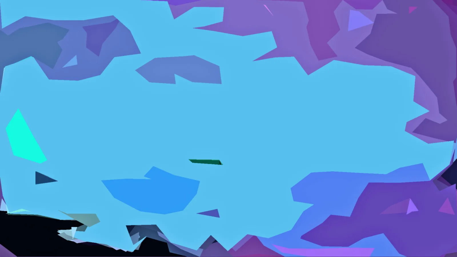 Abstrakte Komposition aus flächigen, polygonalen Formen in Hellblau, Violett und Dunkelblau, unten mit einem schwarzen Streifen am Rand.