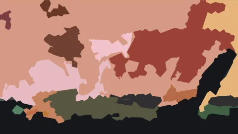 Abstrakte Komposition aus unregelmäßigen Flächen in Rosa, Braun, Dunkelrot, Olivgrün, Orange und Schwarz auf hellem Grund.