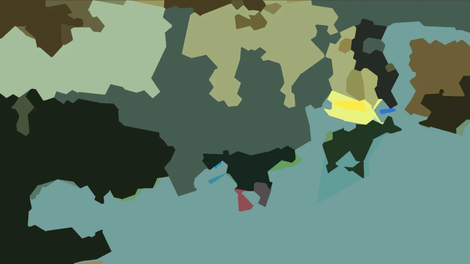Abstrakte Komposition aus unregelmäßigen Flächen in Oliv, Ocker, Dunkelgrün und Türkis, rechts der Mitte ein gelber Fleck
