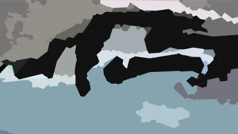Abstrakte Komposition aus schwarzen, grauen, weißen und blaugrauen Flächen mit unregelmäßigen, kantigen Formen.