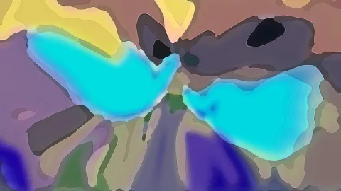 Abstrakte Komposition aus großen, weich verlaufenden Farbflächen in Cyan, Gelb, Violett, Grau und Braun, mit zwei leuchtend cyanfarbenen Formen in der Bildmitte.