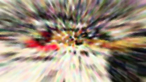 Abstrakte Komposition mit bunten Streifen, die von einem zentralen Punkt nach außen laufen, dazwischen leuchtend rote Akzente, mosaikartig verpixelt.