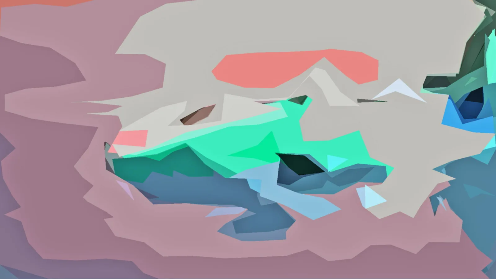 Abstrakte Komposition aus unregelmäßigen Polygonen in Mauve, Mintgrün, Grau und Blau, mit einzelnen korallenroten und dunklen Akzenten.