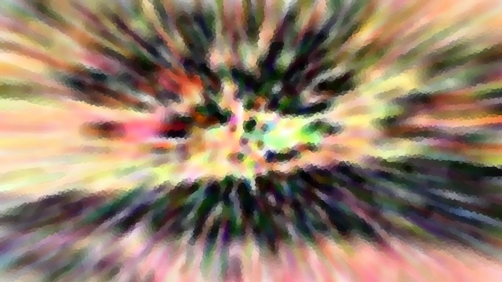 Abstrakte Komposition aus bunten Farbstreifen, die von einem dunklen Zentrum radial nach außen strahlen, mit pixeliger Oberflächenstruktur in Rosa, Gelb, Grün und Schwarz.