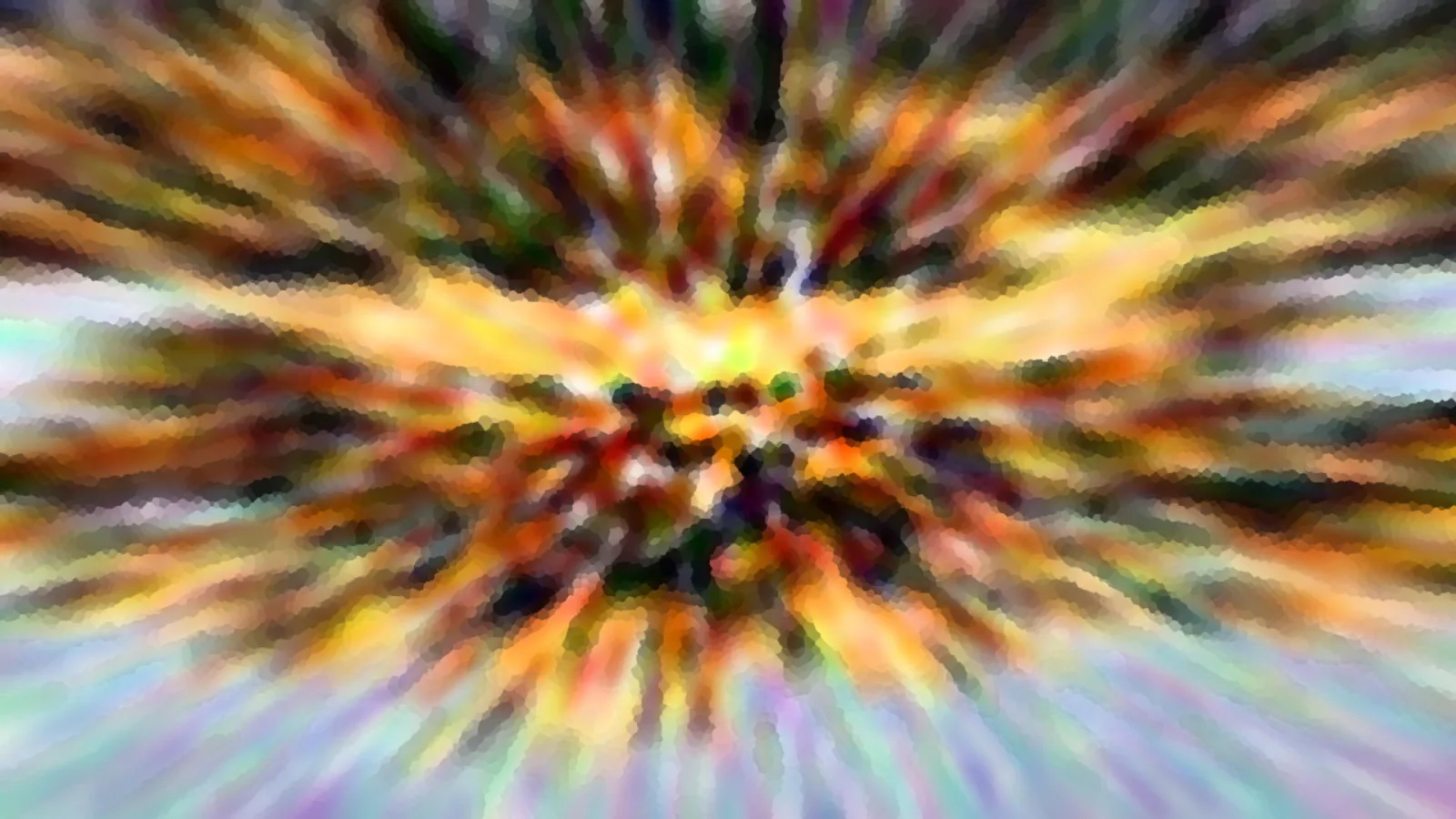 Abstraktes Bild mit radialem Zoomeffekt in Orange, Gelb, Grün und Violett, das Zentrum ist dunkler und pixelig, zum Rand hin verwischen die Farben in helles Blau und Lila.