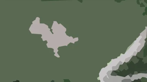Abstrakte Flächenkomposition: eine graue, unregelmäßig geformte Fläche auf dunkelgrünem Grund, rechts unten ein heller Streifen mit dunkelgrünen Feldern.