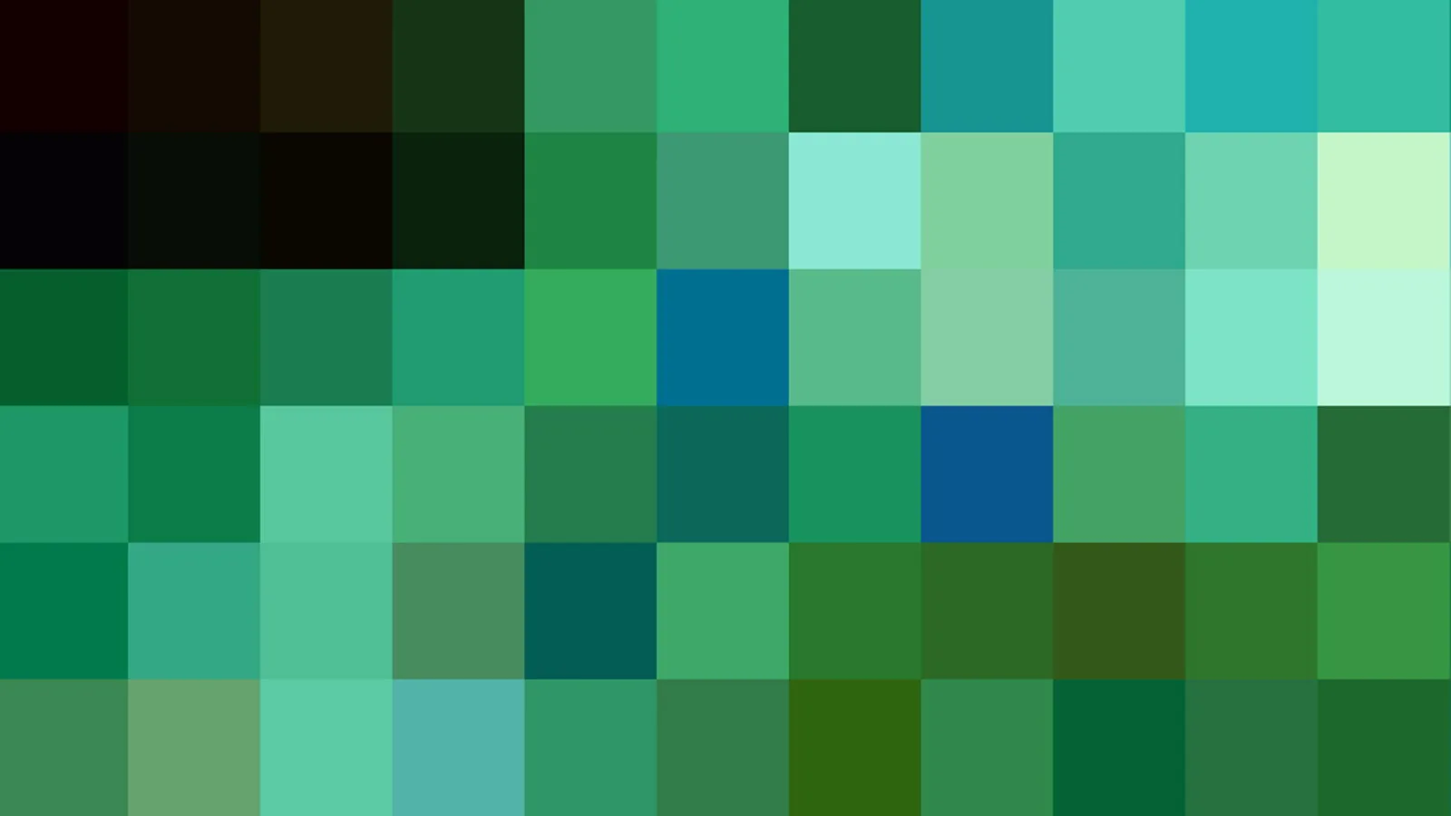 Quadratisches Mosaik aus Pixelblöcken in Grün-, Türkis- und Blautönen, von dunkel am oberen linken Rand bis hell am rechten oberen Rand.