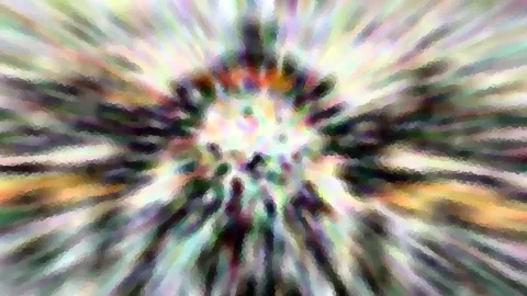 Abstraktes Bild mit bunten Schlieren, die vom hellen Zentrum radial nach außen laufen, mosaikartig gepixelt