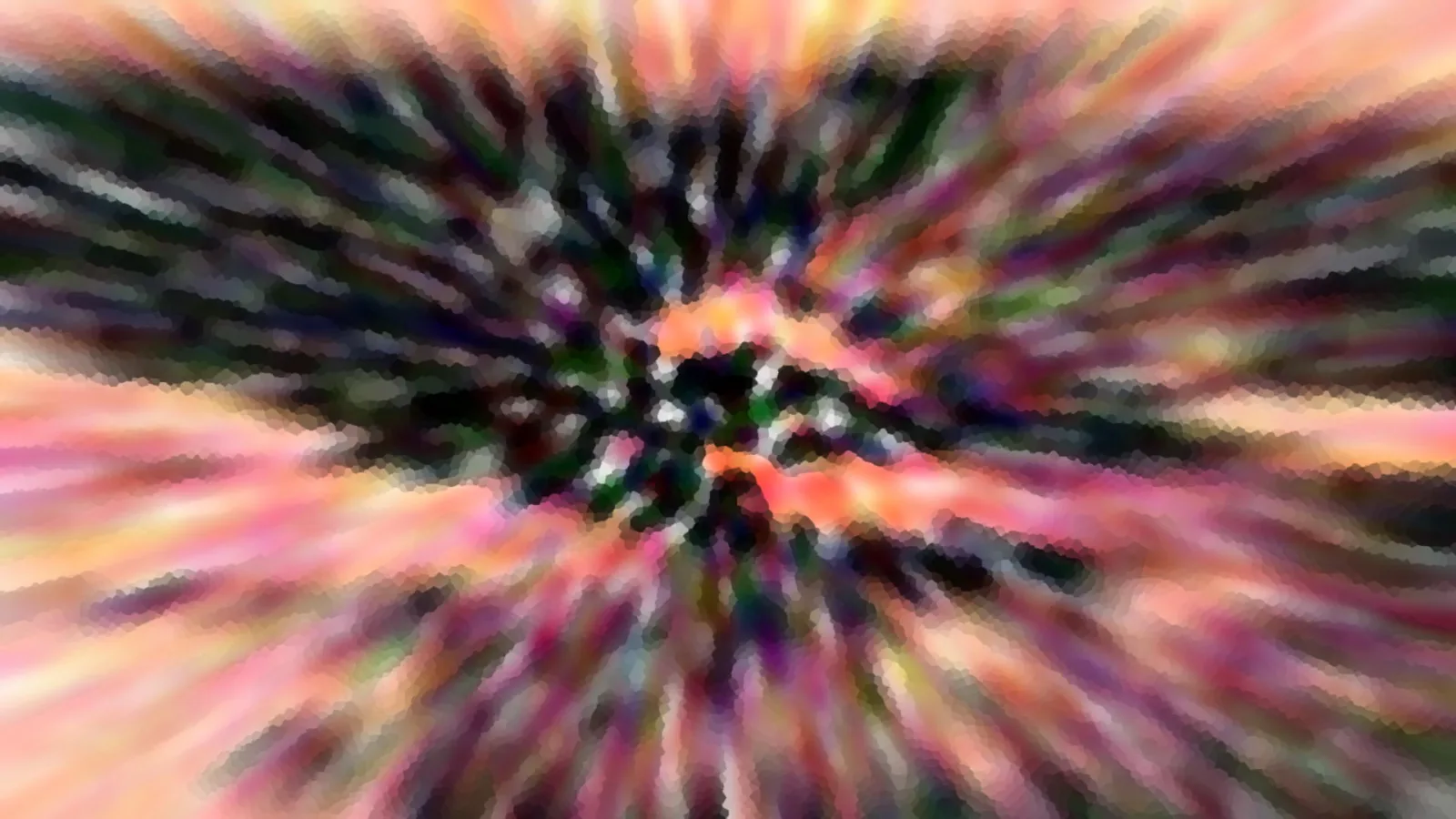 Abstrakte Komposition aus bunten Farbstreifen in Rosa, Orange und Grün, die von einem dunklen Zentrum radial nach außen strahlen und mosaikartig gepixelt sind.