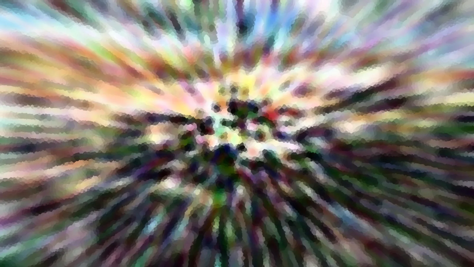 Abstraktes Bild mit bunten Streifen, die von einem hellen Zentrum radial nach außen laufen, mosaikartig gepixelt
