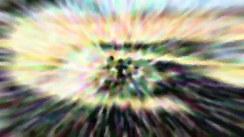 Abstraktes Bild mit pastellfarbenen Strahlen, die von einem dunklen Zentrum nach außen laufen, grob gepixelt und verwischt.