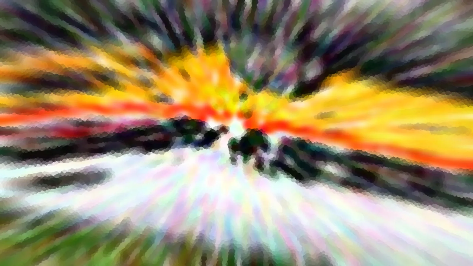 Abstrakte Komposition aus radial verlaufenden, bunten Streifen in Orange, Gelb, Grün und Violett mit dunklen Flecken in der Mitte.