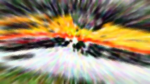 Abstrakte Komposition aus radial verlaufenden, bunten Streifen in Orange, Gelb, Grün und Violett mit dunklen Flecken in der Mitte.