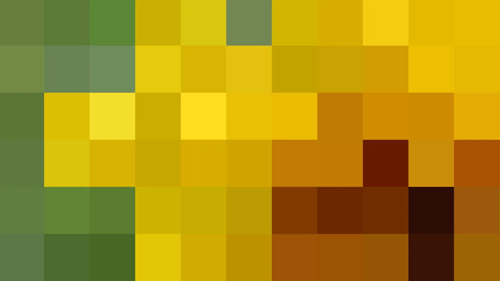 Mosaik aus quadratischen Pixelblöcken in Gelb, Ocker, Grün und Braun, angeordnet in einem Raster aus zehn mal sechs Feldern.