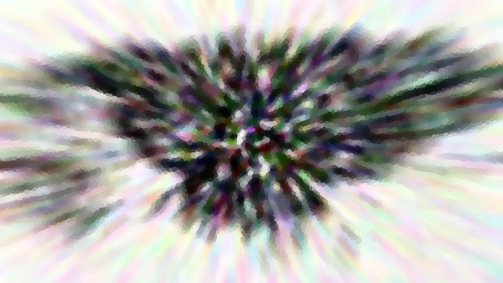 Abstrakte Komposition aus dunklen grünen und violetten Schlieren, die von einem zentralen Punkt radial nach außen strahlen, vor hellem pastellfarbenem Hintergrund.