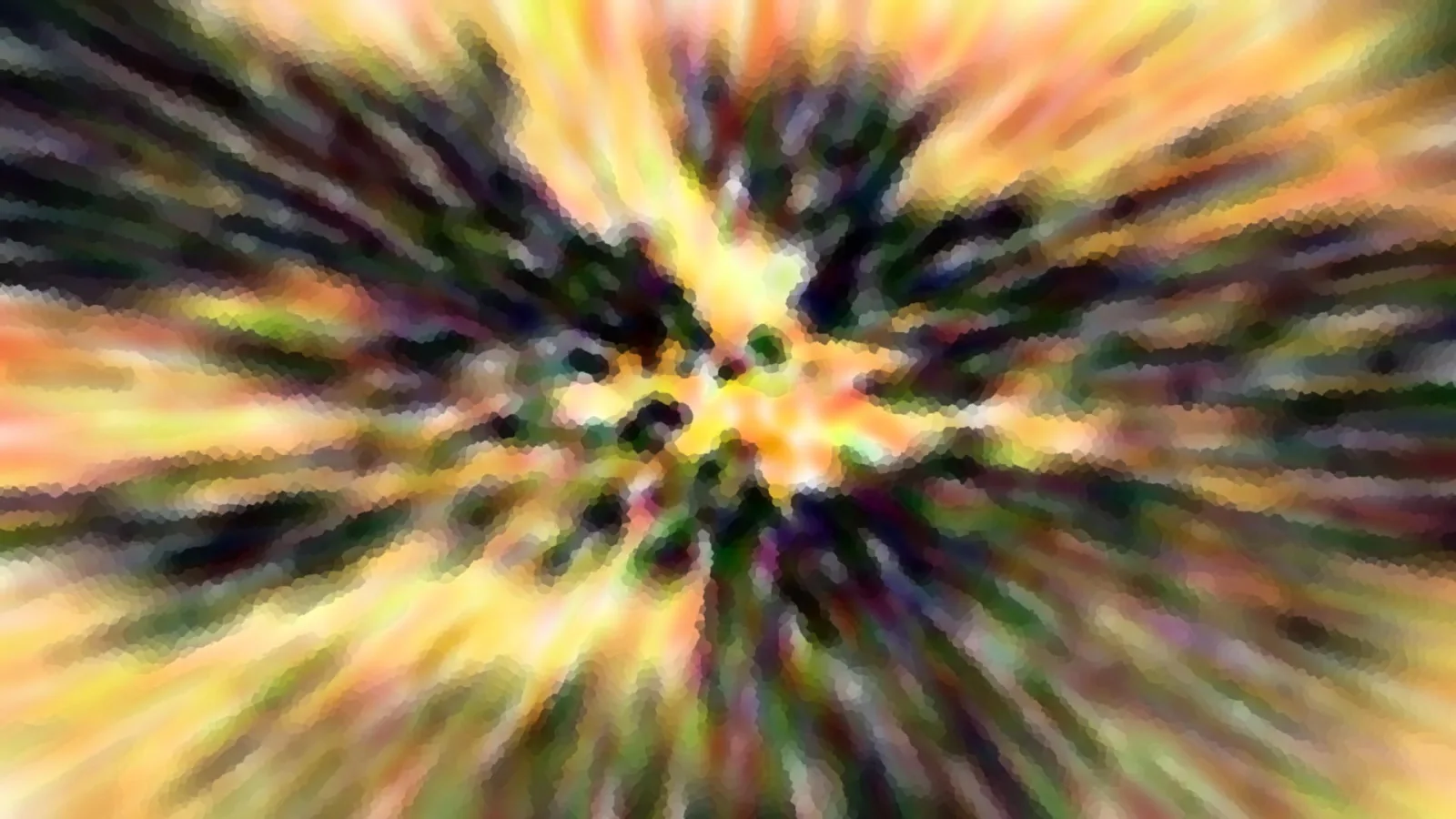 Abstraktes Bild mit radialen Farbstrahlen in Gelb, Orange und Dunkelgrün, die von einem hellen Zentrum nach außen laufen. Die Kanten wirken pixelig und verwischt.