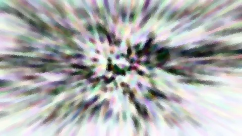Abstrakte Komposition aus radial von einem Zentrum ausstrahlenden, verwischten Streifen in Grün, Lila, Rosa und Weiß mit dunklen Flecken.