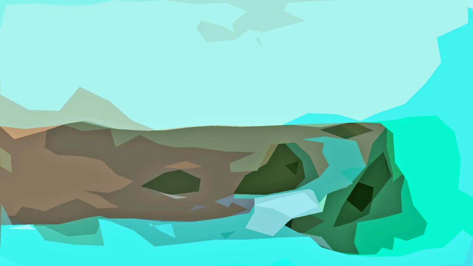 Abstrakte Landschaft aus flachen, kantigen Flächen in Türkis, Braun und Grün, mit Hügeln und einer hellen Wasserfläche im unteren Bereich