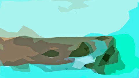 Abstrakte Landschaft aus flachen, kantigen Flächen in Türkis, Braun und Grün, mit Hügeln und einer hellen Wasserfläche im unteren Bereich