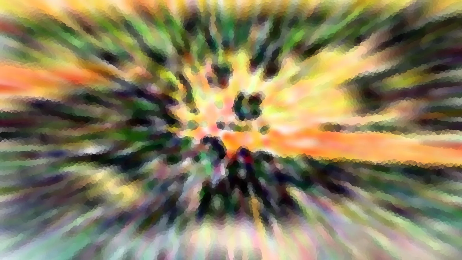 Abstrakte Komposition aus bunten Farbstreifen, die von einem hellen Zentrum radial nach außen laufen, mit orangen, gelben und grünen Tönen und mosaikartig gepixelten Kreisen in der Mitte.