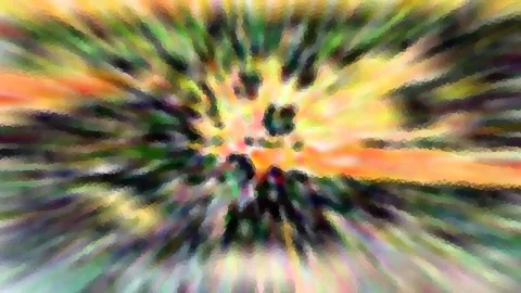Abstrakte Komposition aus bunten Farbstreifen, die von einem hellen Zentrum radial nach außen laufen, mit orangen, gelben und grünen Tönen und mosaikartig gepixelten Kreisen in der Mitte.