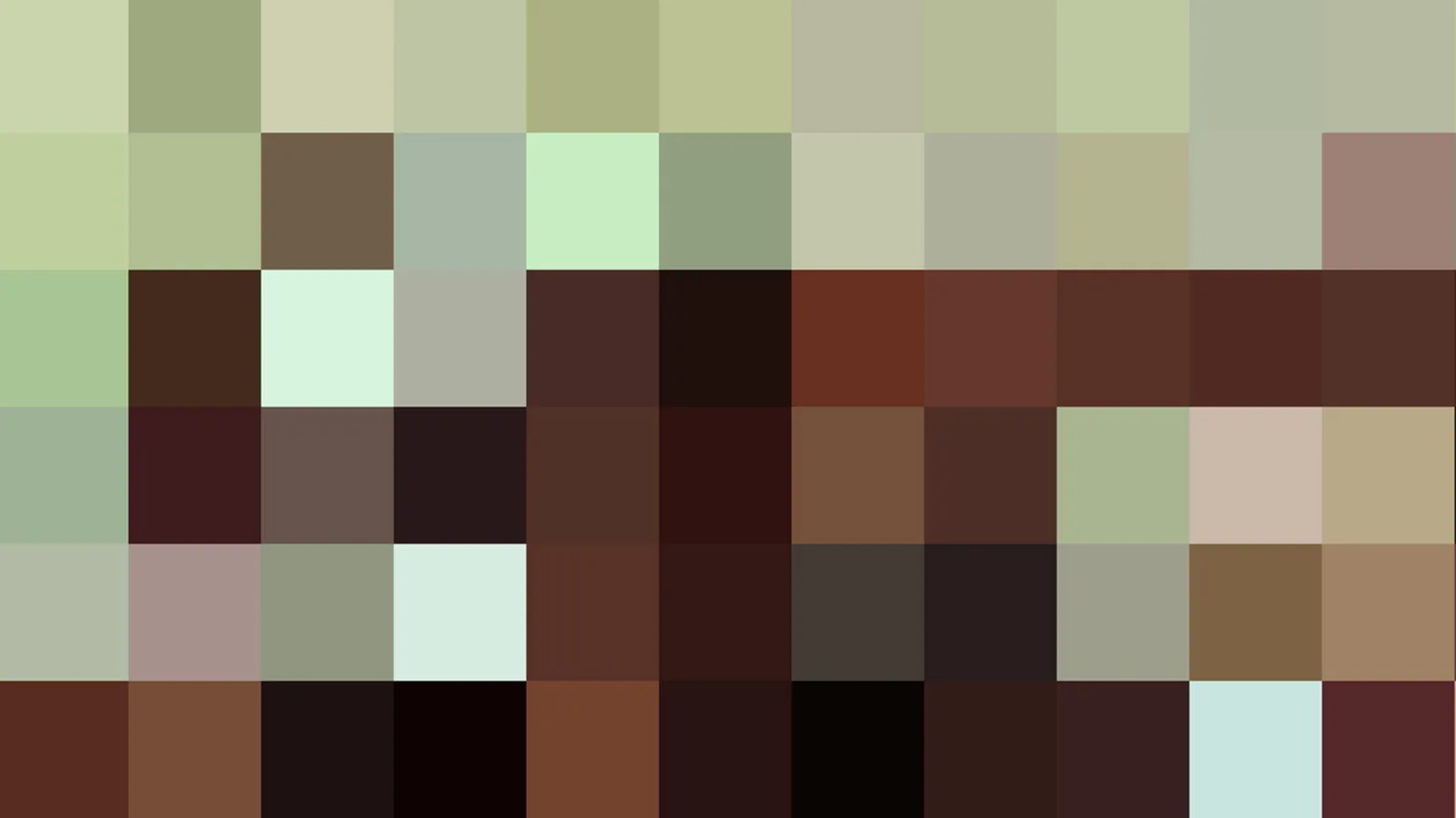 Abstraktes Farbmosaik aus quadratischen Feldern in Grün-, Beige-, Braun- und Rottönen, dunkler im unteren Bereich.
