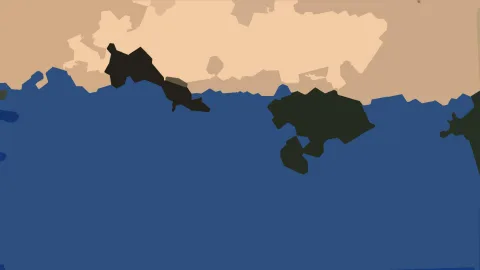 Abstrakte Flächen in Blau, Beige und Dunkelgrün: unten ein großes blaues Feld, oben helle Sandtöne, darin dunkle Formen wie Inseln.