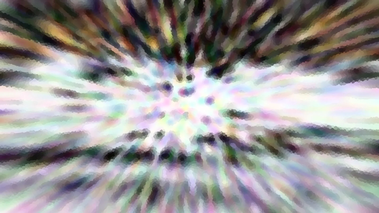 Abstrakte radiale Komposition mit pastellfarbenen Streifen, die von einem hellen Zentrum nach außen laufen, dazwischen dunkle Punkte und mosaikartige Struktur.