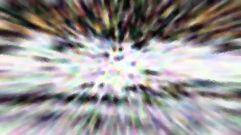 Abstrakte radiale Komposition mit pastellfarbenen Streifen, die von einem hellen Zentrum nach außen laufen, dazwischen dunkle Punkte und mosaikartige Struktur.