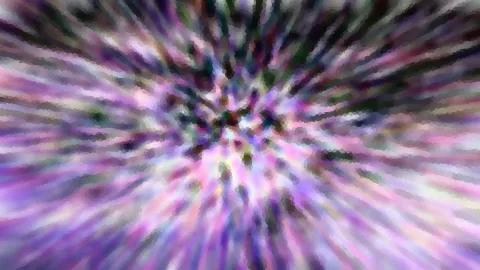 Abstrakte Komposition aus radial von der Mitte nach außen laufenden Schlieren in Violett, Pink, Grün und Dunkelblau