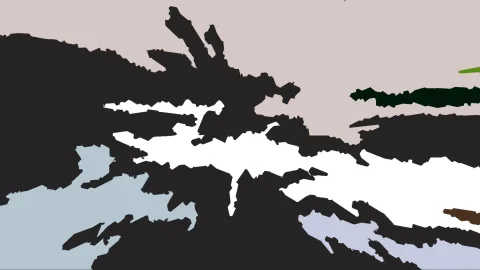 Abstrakte Komposition aus großen schwarzen Flächen mit weißen Streifen, dazwischen blassrosa, hellblaue und lavendelfarbene Felder sowie einzelne grüne und braune Akzente.