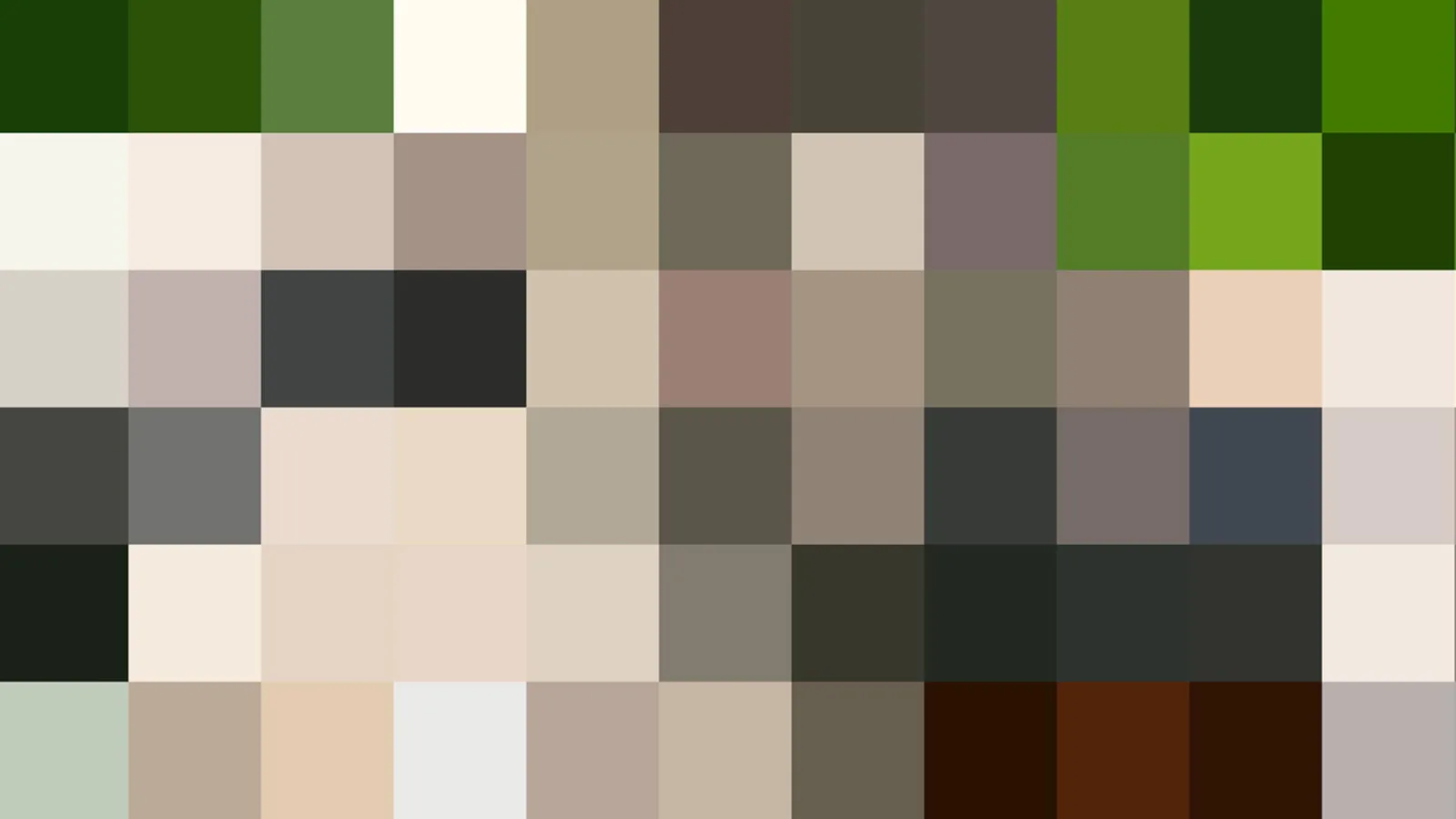Quadratisches Pixelmosaik aus grünen, beigen, grauen und braunen Blöcken in einem Raster aus Zeilen und Spalten