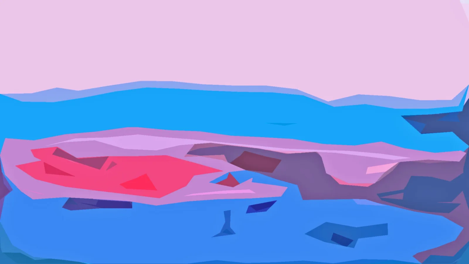 Abstrakte Landschaft mit rosa Himmel, blauen Hügeln und leuchtend roten Flächen im Vordergrund.