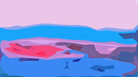 Abstrakte Landschaft mit rosa Himmel, blauen Hügeln und leuchtend roten Flächen im Vordergrund.