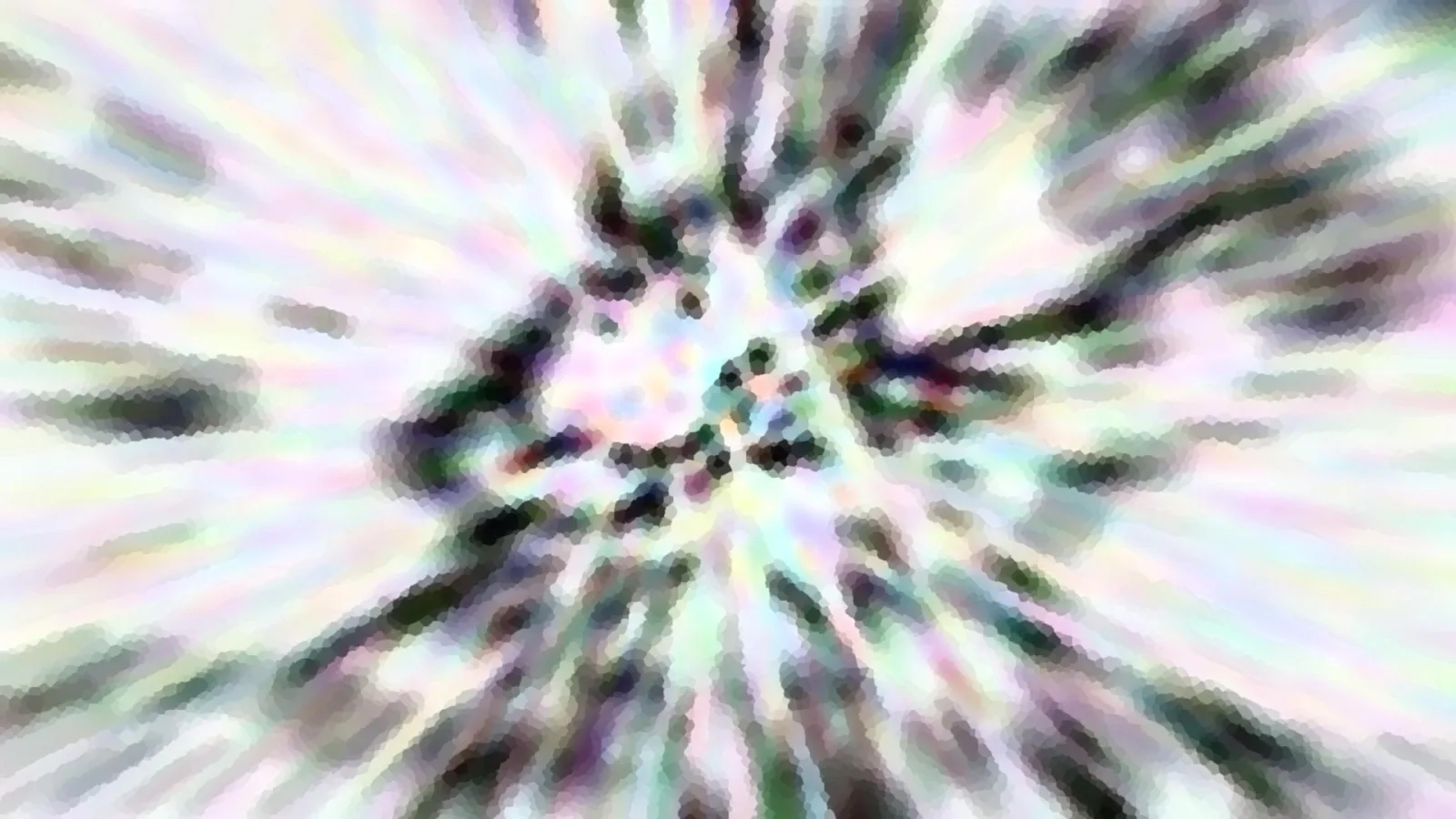 Abstrakte Komposition mit radialer Unschärfe in Pastellfarben, dunkle Flecken bilden eine ungleichmäßige Mitte.