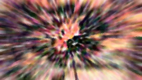 Abstrakte, radial verwischte Farbstrahlen in Pink, Orange und Grün, zur Mitte hin dunkel.