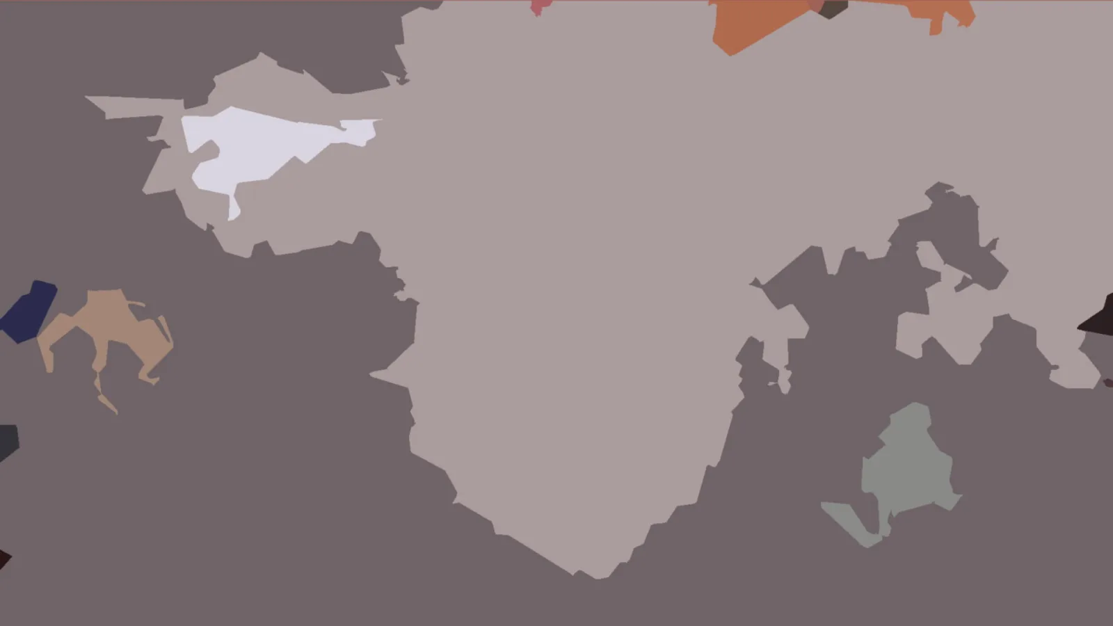 Abstrakte Komposition aus flachen grauen, beigen, orangefarbenen und dunkelblauen Formen auf grauviolettem Grund.