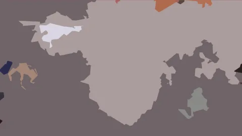 Abstrakte Komposition aus flachen grauen, beigen, orangefarbenen und dunkelblauen Formen auf grauviolettem Grund.