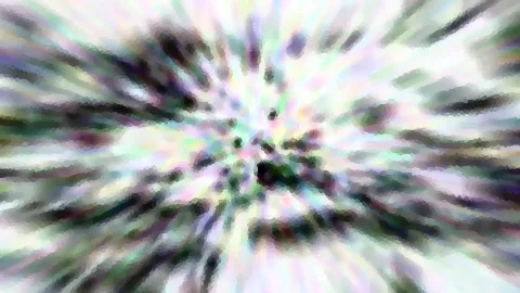 Abstrakte Komposition aus radialen Schlieren in Weiß, Rosa, Grün und Violett, die von einem dunklen Zentrum nach außen strahlen, leicht mosaikartig gepixelt.