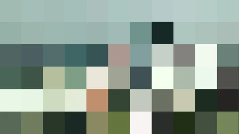 Abstraktes Mosaik aus quadratischen Farbfeldern in Grün-, Grau- und Beigetönen.
