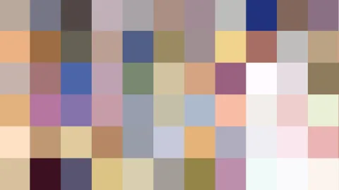 Rechteckiges Raster aus farbigen Quadraten in Pastelltönen wie Beige, Rosa, Grau, Blau, Violett und einzelnen Akzenten in Dunkelblau, Dunkelrot und Olivgrün.