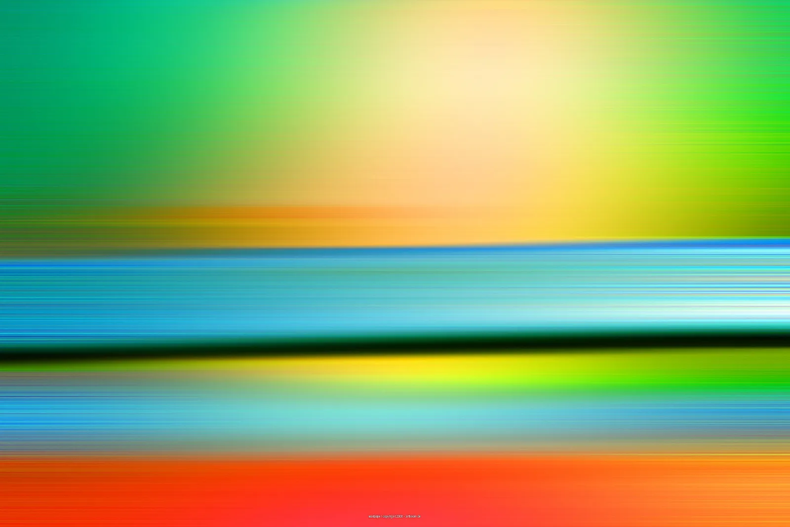 Abstrakte Komposition aus horizontalen Streifen in Grün, Gelb, Blau und Orange, im oberen Bereich leuchtet ein heller Verlauf wie eine Sonne.