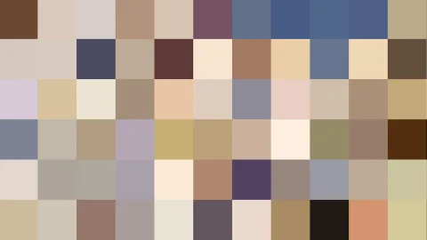 Raster aus quadratischen Farbfeldern in Braun, Beige, Blau, Grau und Violett, sechs Zeilen mit jeweils zehn Feldern.