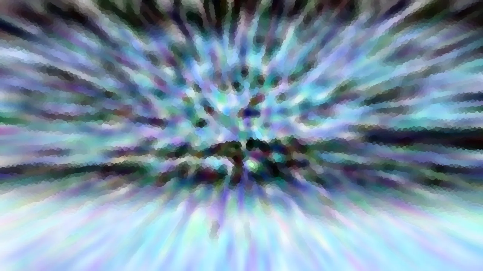 Abstrakte Komposition aus radial von der Mitte nach außen laufenden Streifen in Blau, Türkis, Violett und Dunkelgrün, mosaikartig gepixelt.